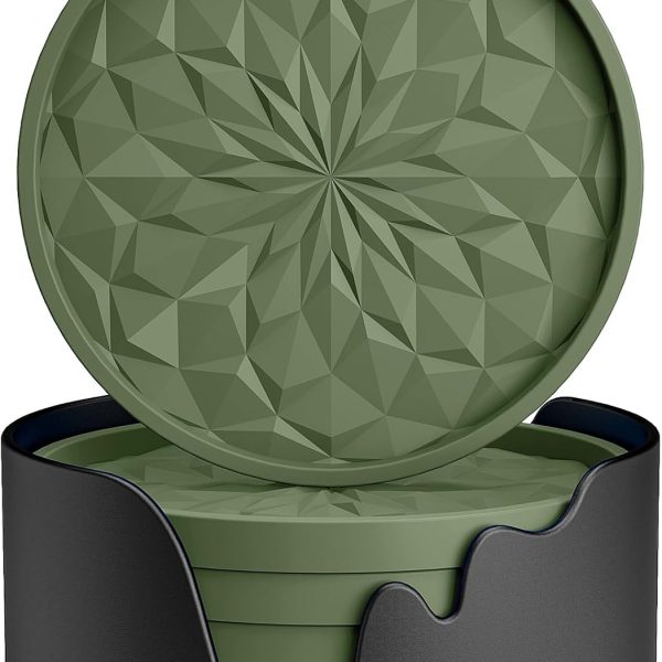 Six-Pack Silicone Coasters with Holder, Olive Green
