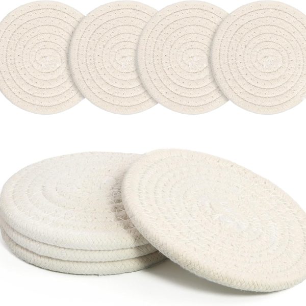 Four-Piece Cotton Woven Boho Coasters, White