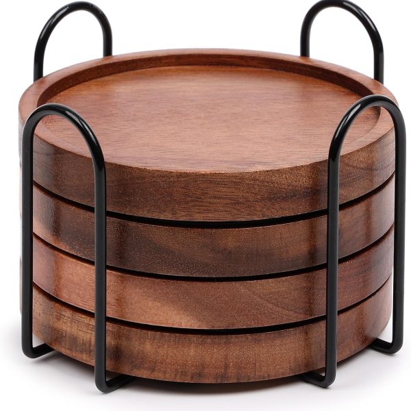 Acacia Wood Coaster Set with Holder, Four Pieces