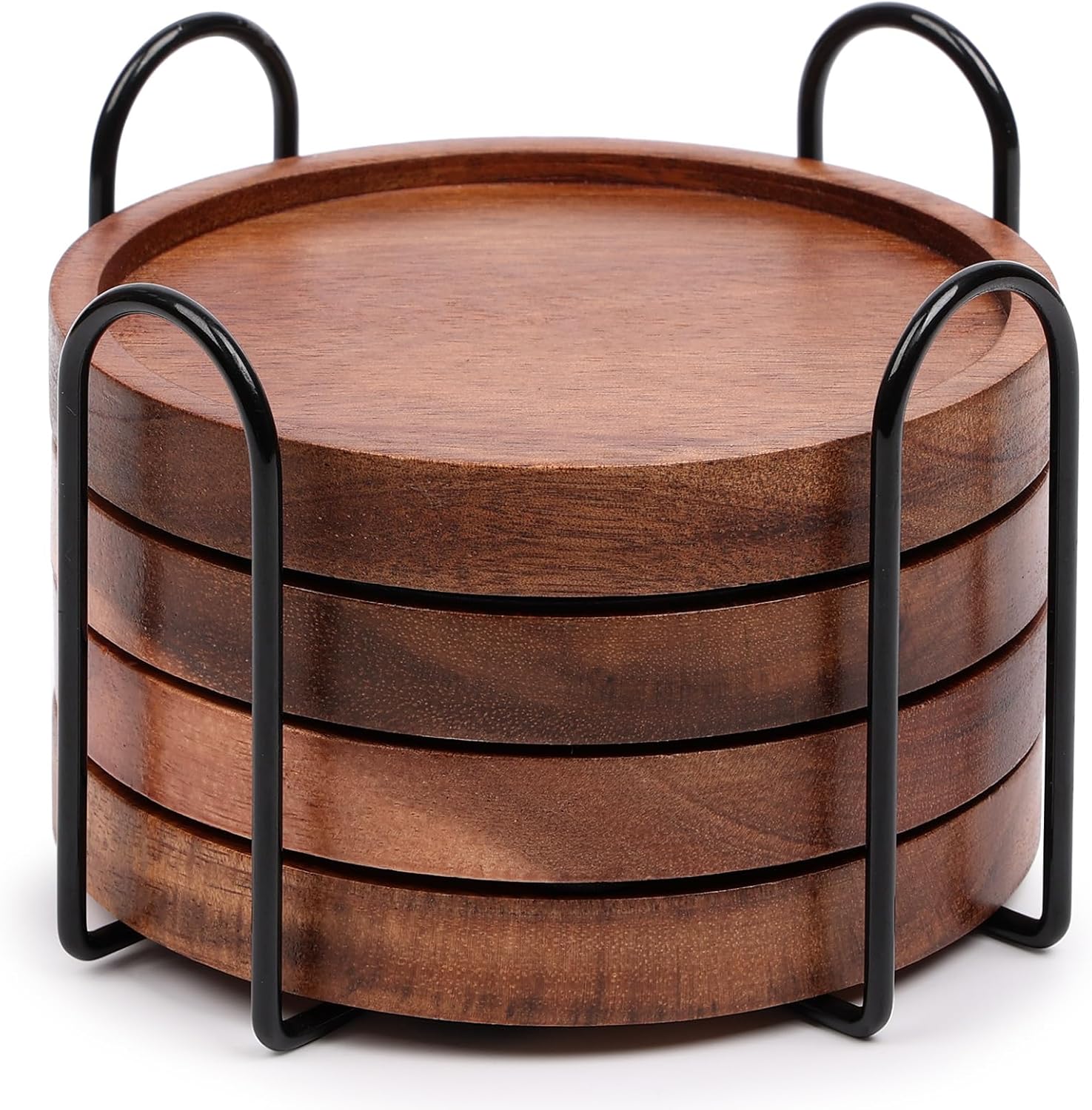 Acacia Wood Coaster Set with Holder, Four Pieces