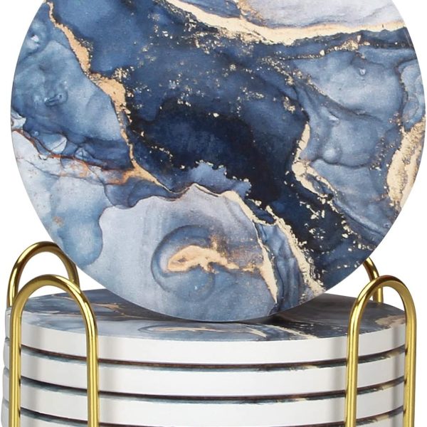 Six-Piece Navy Blue Marble-Effect Ceramic Coaster Set