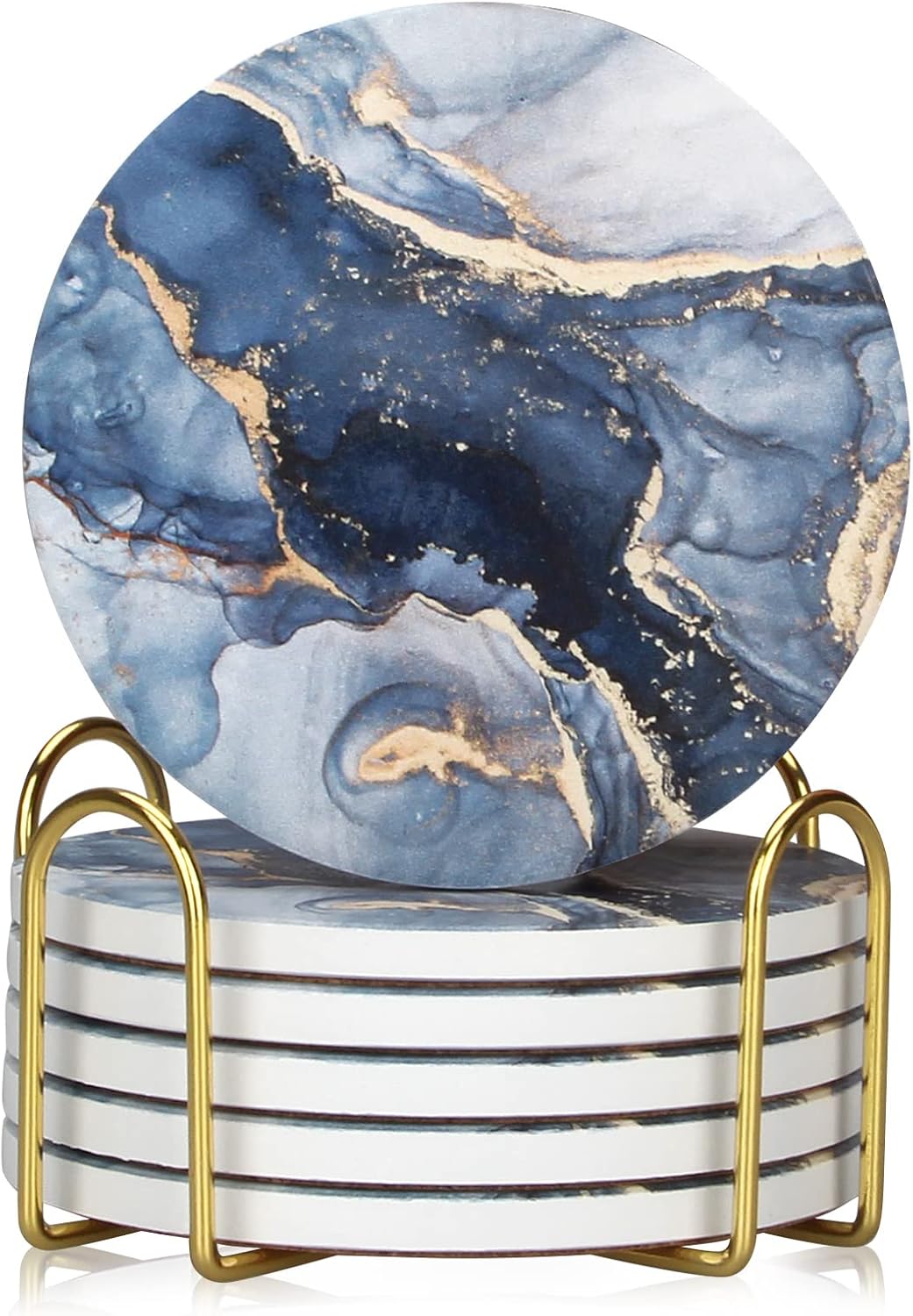Six-Piece Navy Blue Marble-Effect Ceramic Coaster Set
