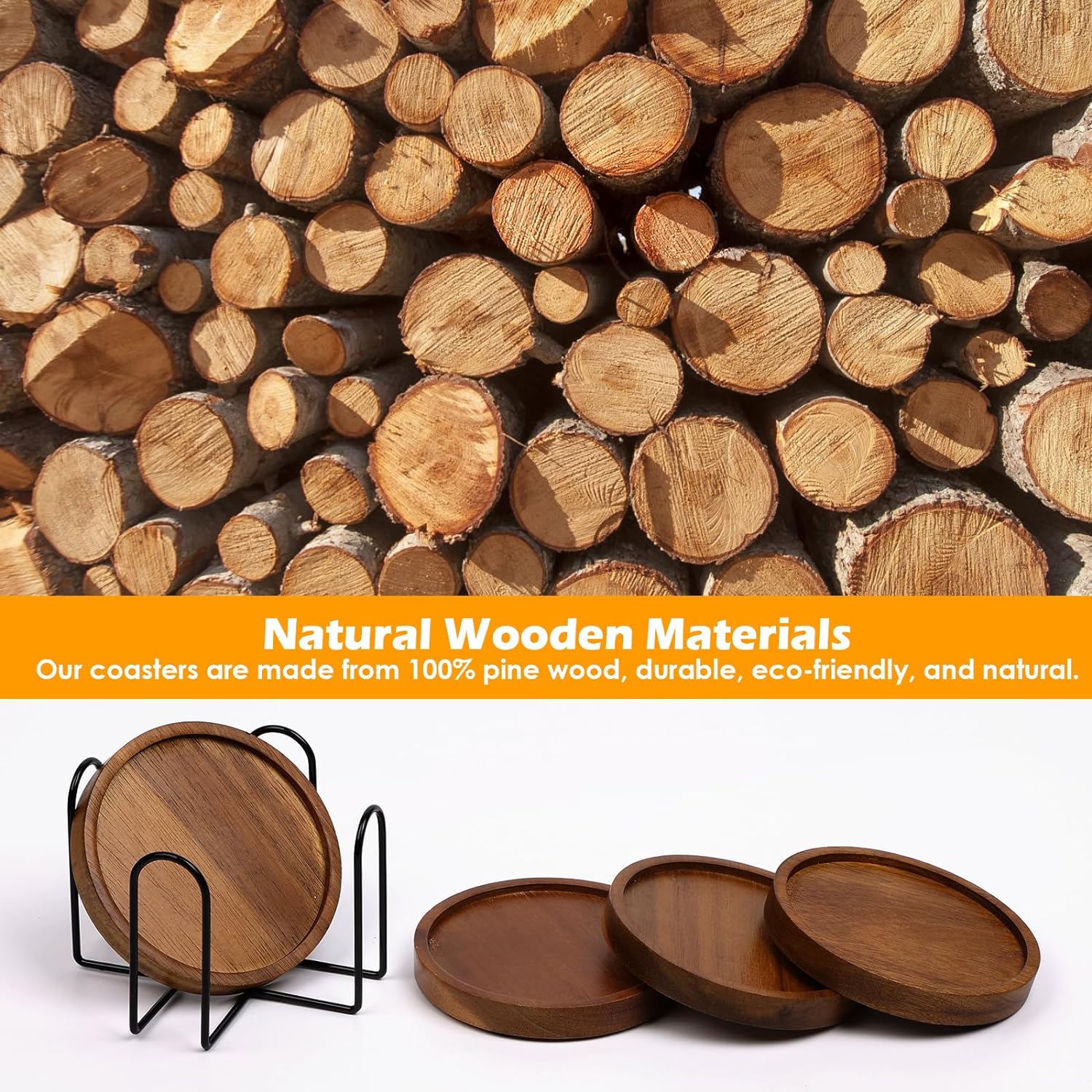 Acacia Wood Coaster Set with Holder, Four Pieces - Image 2