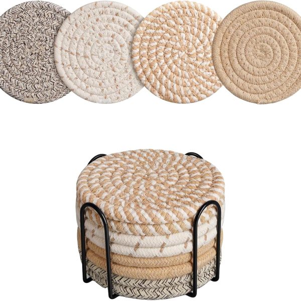 Eight-Piece Cotton Woven Coaster Set with Holder