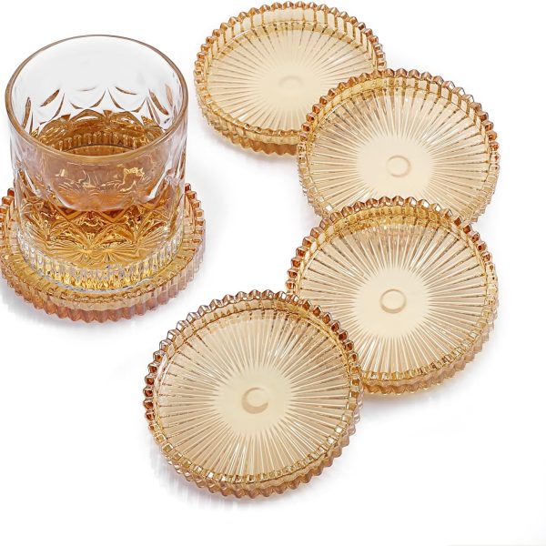 Five-Piece Modern Clear Glass Coasters, Amber Tone