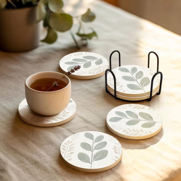 Six Absorbent Ceramic Stone Coasters with Holder
