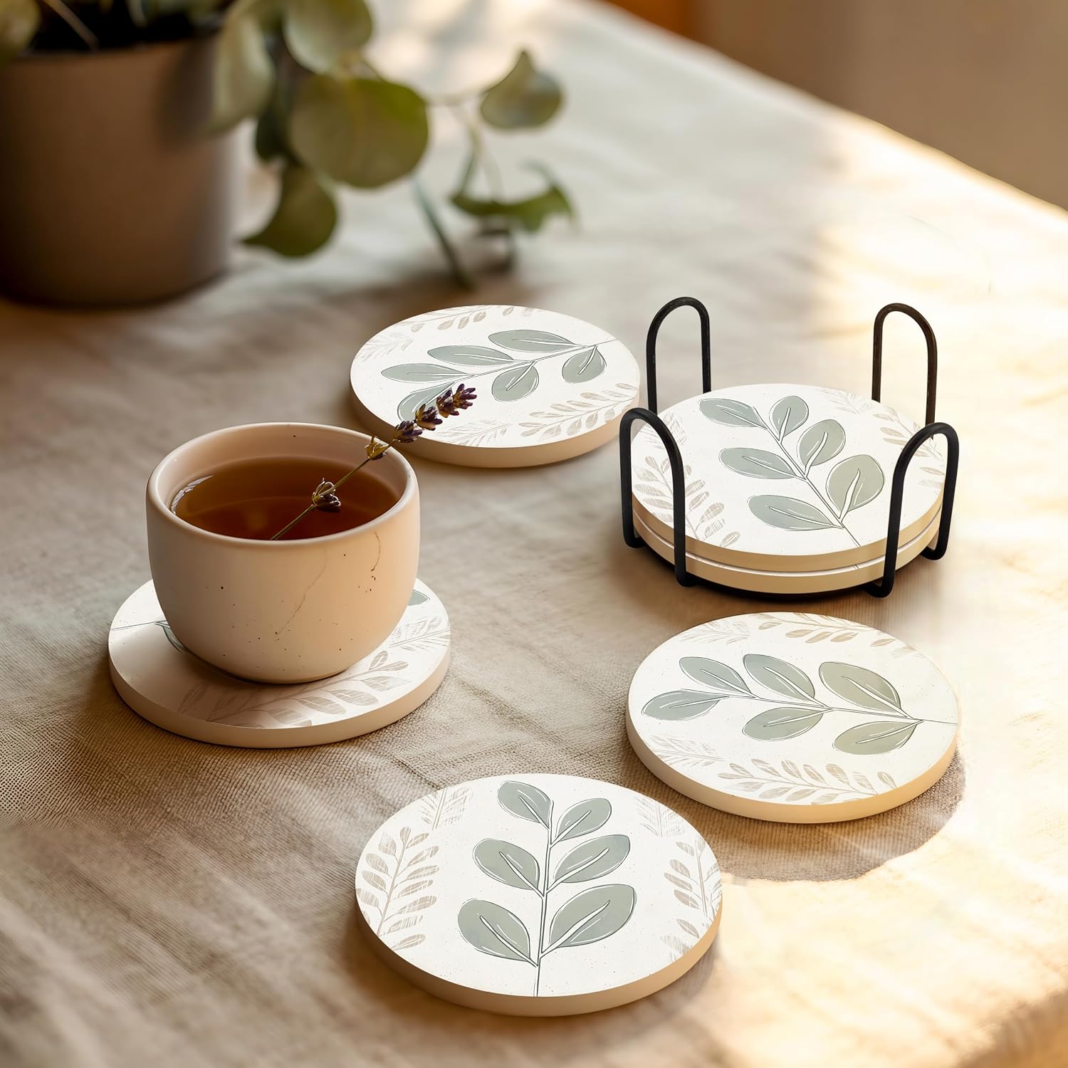 Six Absorbent Ceramic Stone Coasters with Holder